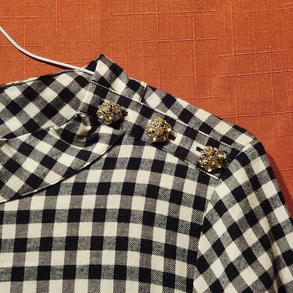 J.CREW Sz M Gingham Flannel Long Sleeve Funnel Neck Dress Ruffle Hem Jewel Hint - Picture 5 of 10